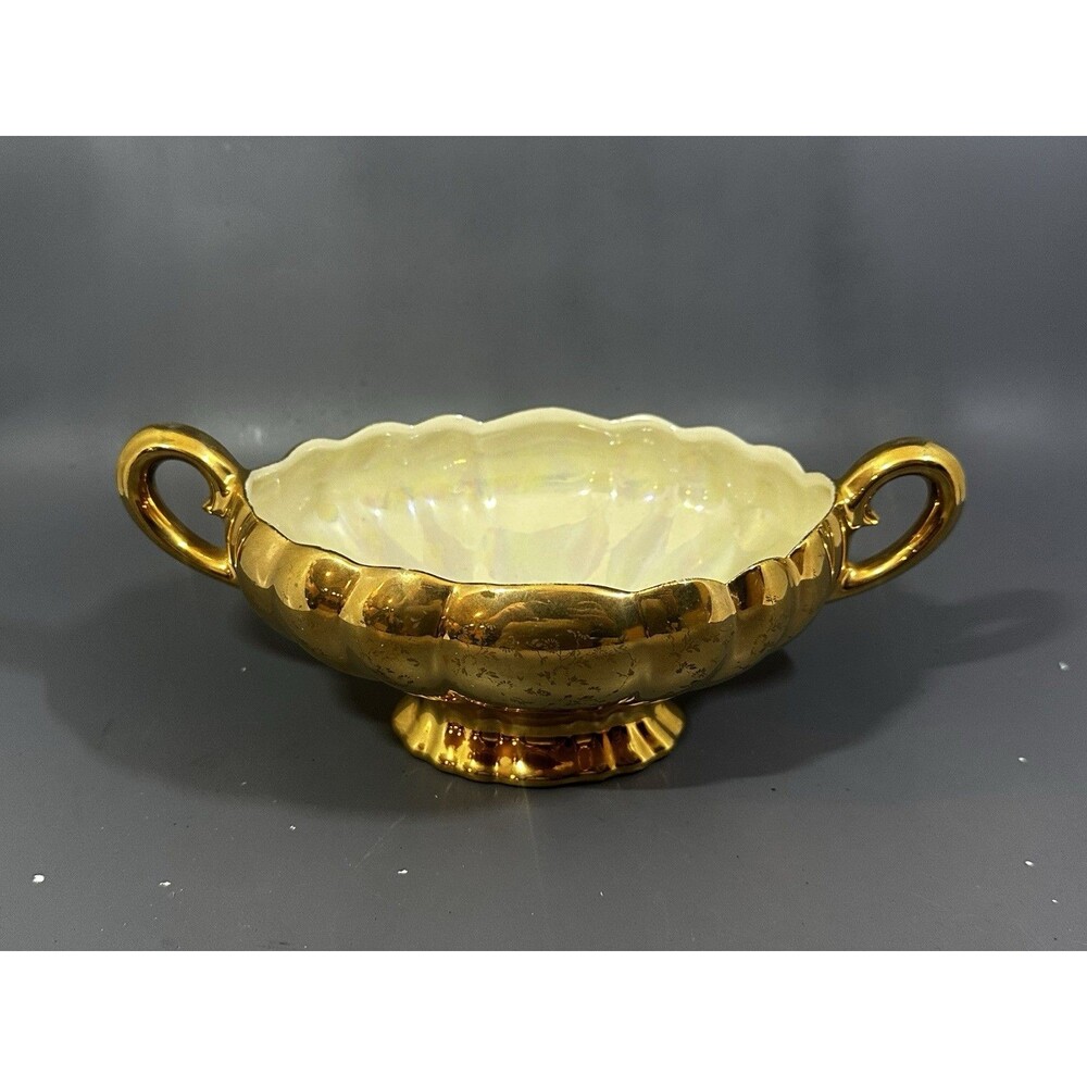 Vintage Pearl China Co Lusterware Bowl 472 Scalloped 22K Gold Handled Pearl 10"